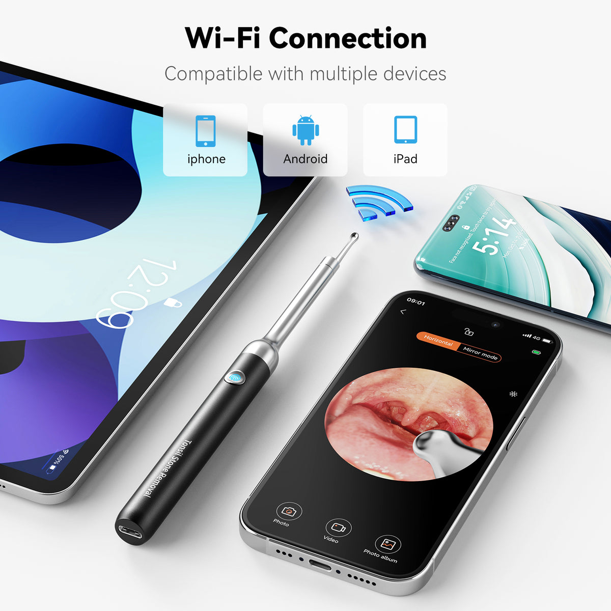 Real-time live view on iPhone/Android via WiFi; ergonomic and lightweight.